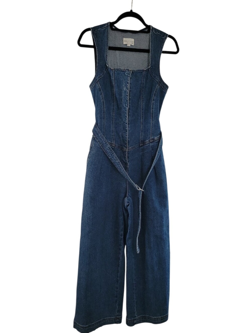 Avec Les Filles Denim Sleeveless Jumpsuit in Dark Blue